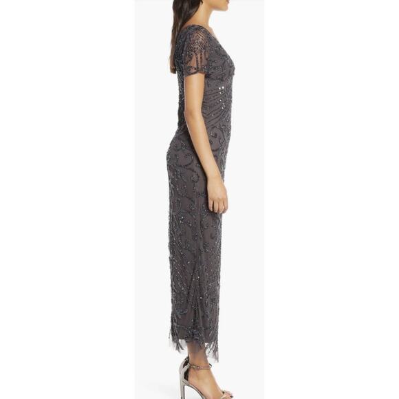 NWT Pisarro Nights Beaded Short Mesh Sheath Dress Slate Gray Size 8 - Picture 2 of 8
